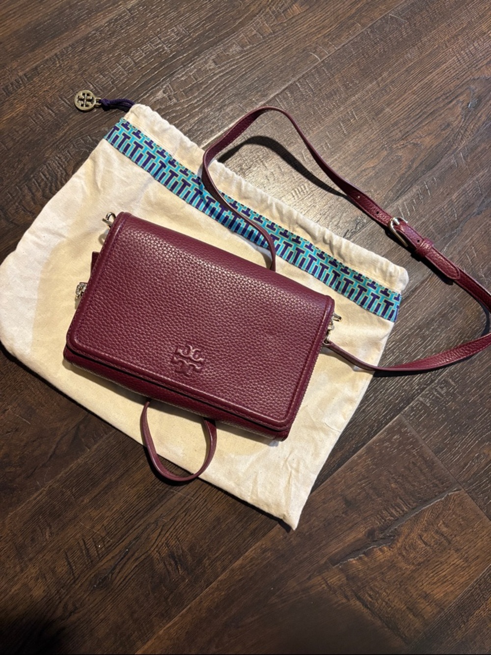 Tory Burch Wine Pebbled Leather Crossbody Bag